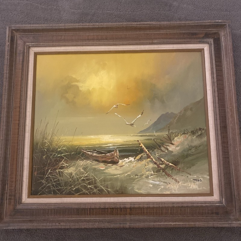 1970’s Oil Painting Seascape Beach Boat Nautical Seagulls Shore 31” X 27” Large gallery