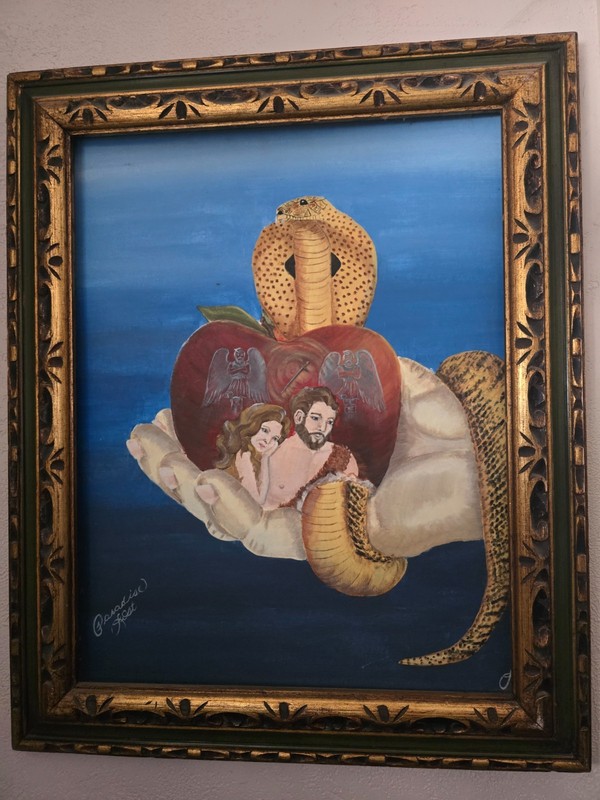 Original Elizabeth Palazzolo Signed Acrylic Painting Adam & Eve Cobra 1980s