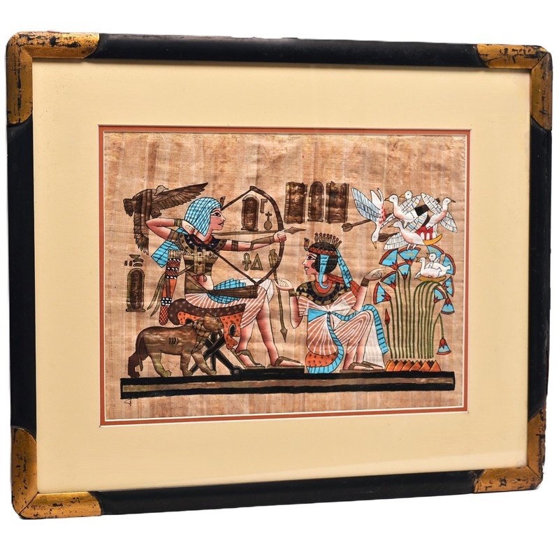 EGYPTIAN Original Vintage 19thC Signed Ancient King Tut Hunting Papyrus Painting gallery