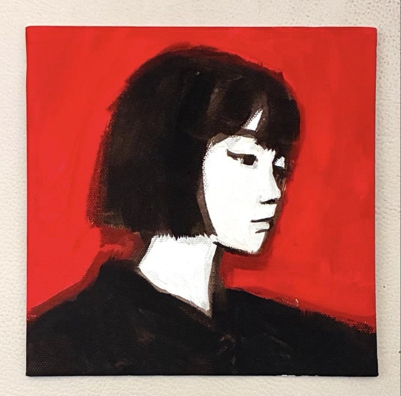 Original Acrylic Portrait Painting Red Background Contemporary Japanese Art