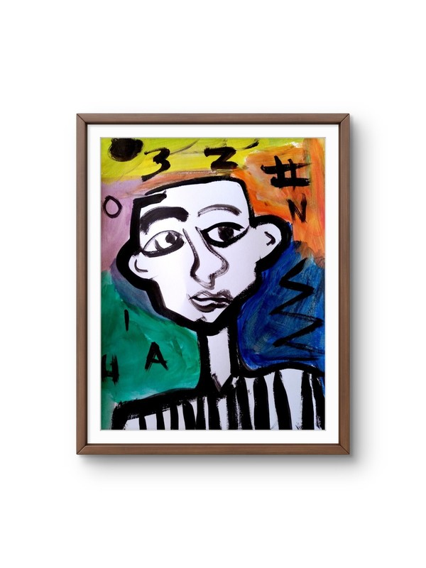 Original Signed 9×12 Neo-Expressionist Man Acrylic Art Bold Color Paper