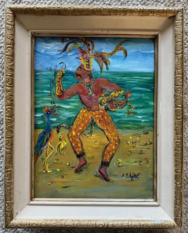 Vintage Nature Boy Painting Tropical Dance Modern Art Wall Hanging Signed Egan