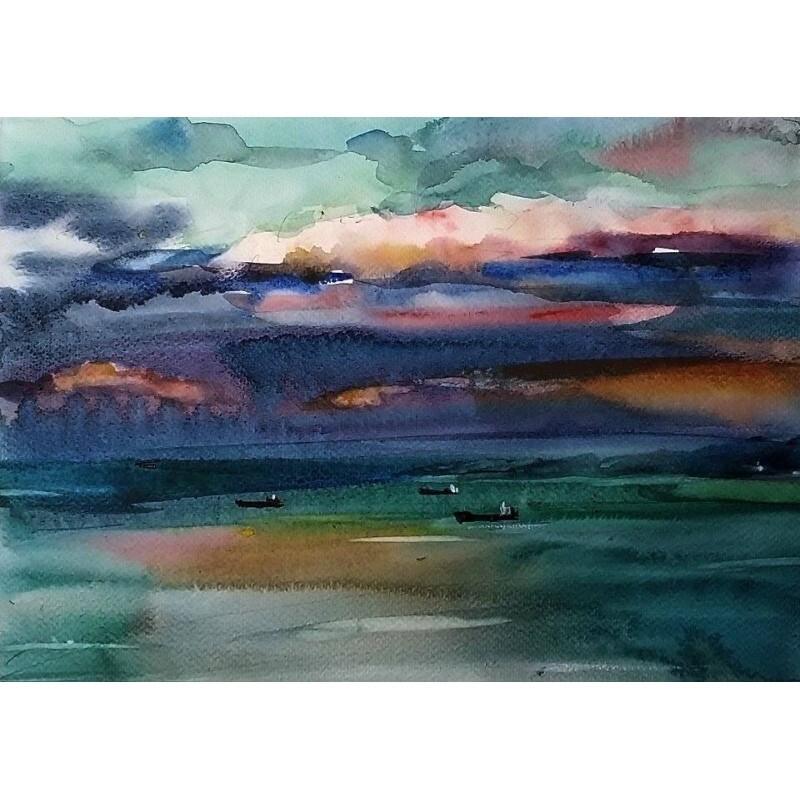 ORIGINAL Painting Impressionism Seascape Evening Sea 9.5″x13 Piter Ilitzky