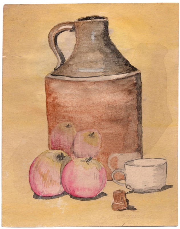 Howard Scott Brown Watercolor Still Life Jug Apples Cup c1920s Signed