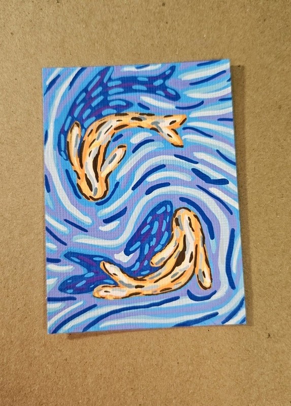 ACEO Orange Koi Fish Mini Painting Original Acrylic Marker Artwork Signed Art