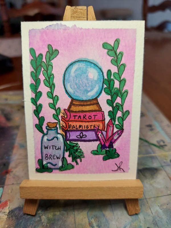 ACEO Watercolor 2.5×3.5 Painting Spooky Cute Crystal Ball crystals bottle plants