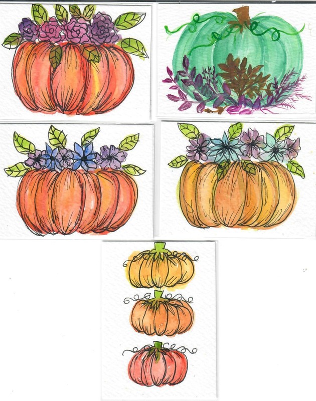 Aceo «FIVE ELEGANT FALL FLOWER PUMPKLINS» Watercolor Art REDUCED