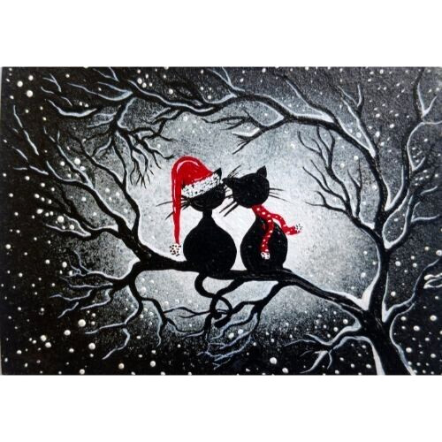 ACEO Original Cats Animals Nature Christmas Tree Sky Acrylic Art Painting NEW