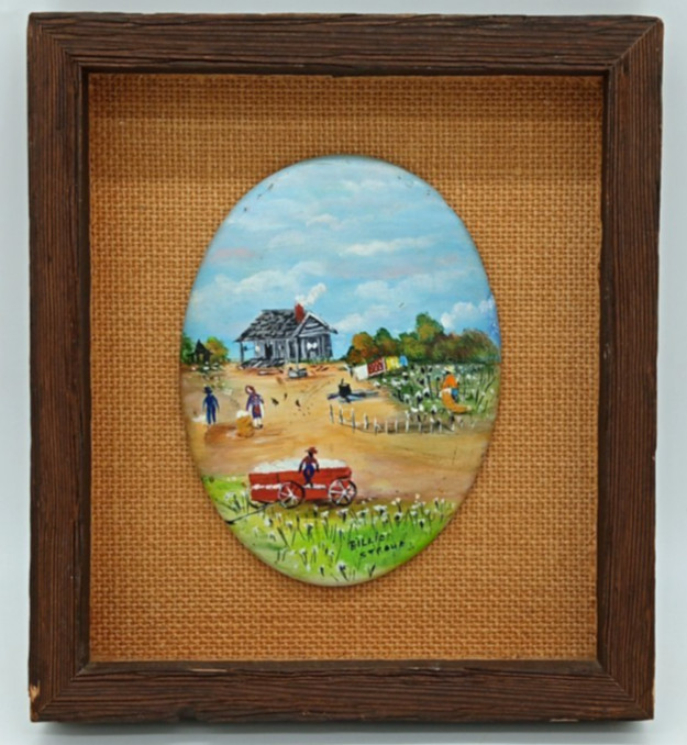 VTG Billie Stroud American Folk Art Painting Oval Disc Mounted on Burlap Framed