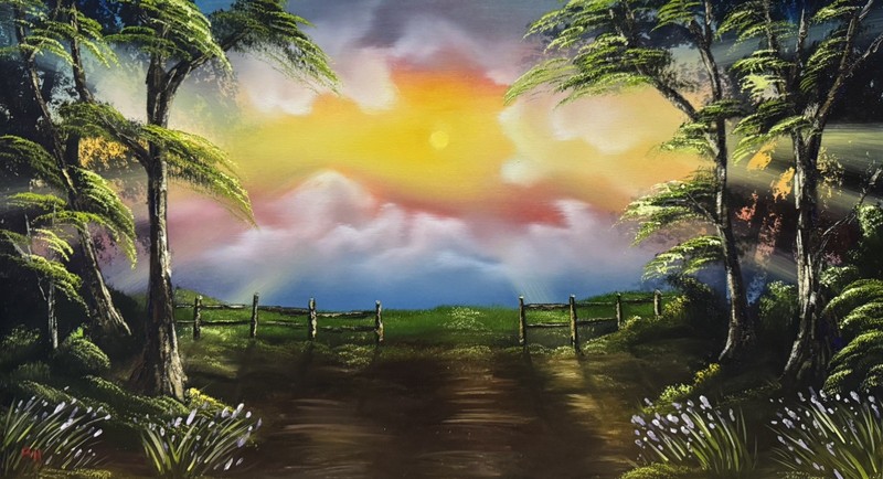 Forest Sun Rays, Original Oil Painting, Trail, Pasture, Fence 20×36” Canvas