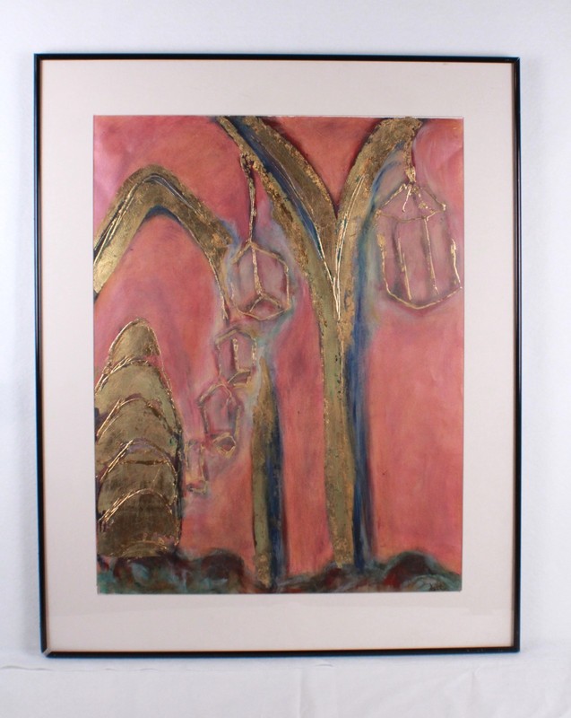 Mid Century Red And Gold Abstract Mixed Media Painting Signed Nail