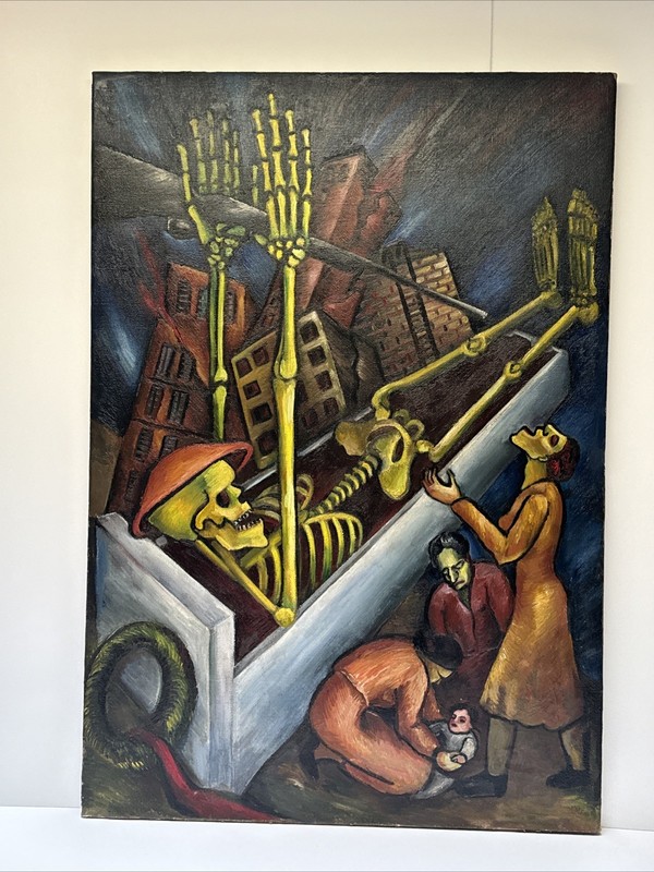 Antique Wpa Painting Holocaust WW2 Skeleton Large Expressionist Sylvia Ludins gallery
