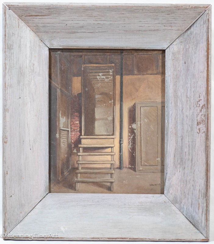 Stunning Vintage Oil Painting of Unfinished Basement Stairs Signed Walsh 15×13″
