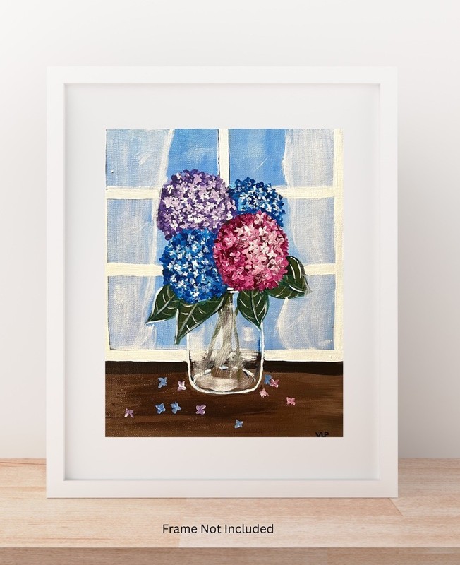 Window Pink Purple Blue Hydrangeas Glass Jar Original Acrylic 8×10 Canvas Panel