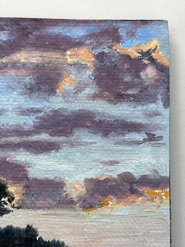 J R Baldini Oil on Canvas Plein Air Painting Sunset Dusk Colorful Clouds 3x3” gallery