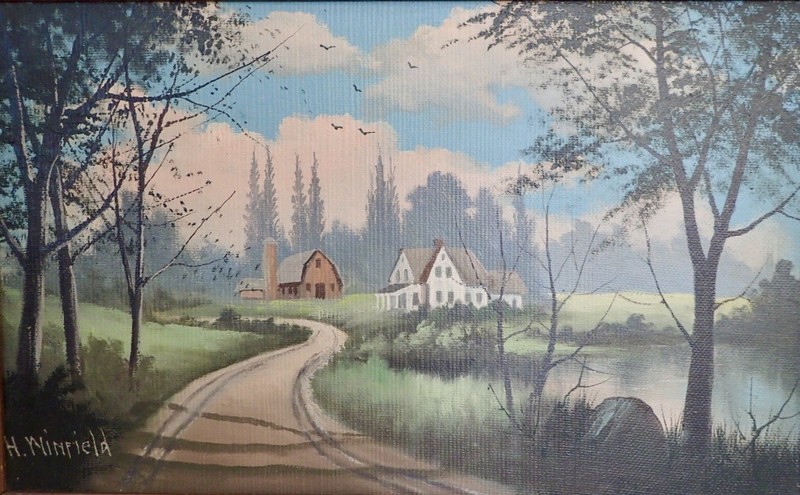 H. Winfield Original Painting Farmstead Barn Farmhouse 16×24 Rustic Wood Frame