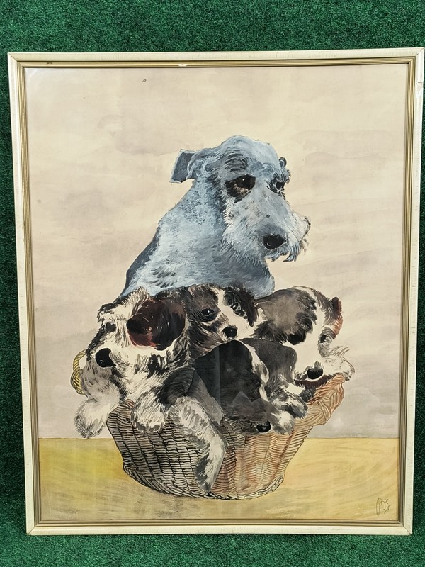 Schnauzer Dog Basket Of Puppies Watercolor Portrait 1978 Painting Dutch OOAK Art