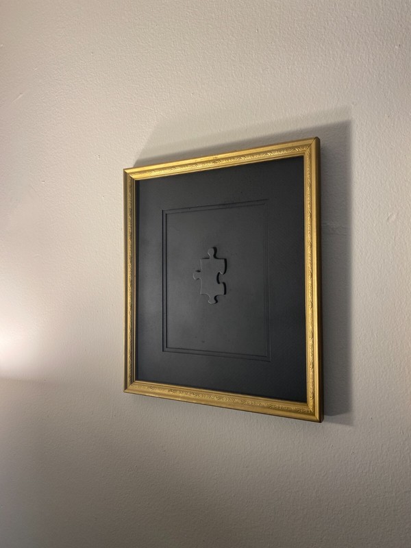 Set of 3 Abstract Black Puzzle Art Pieces – Gold Framed Symbolic Wall Decor
