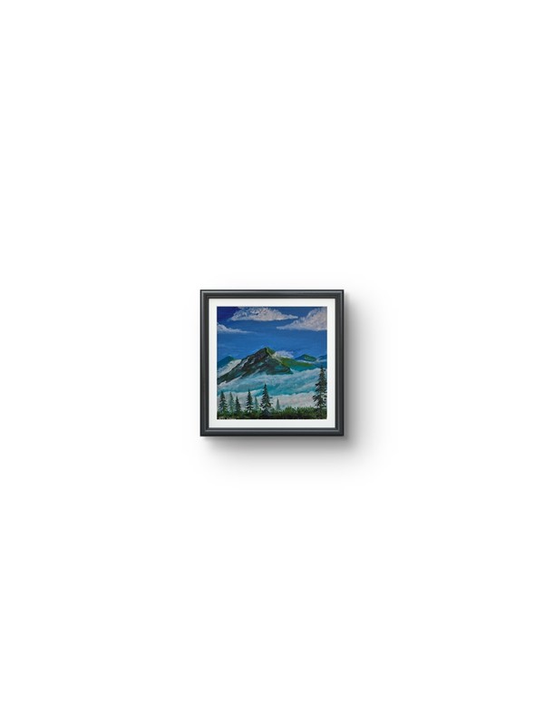 Small Framed Impressionist Landscape Painting - Mountains Forest Clouds Scene gallery