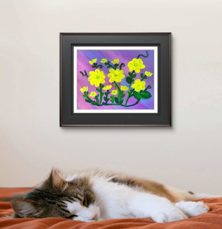 Yellow Floral Acrylic Painting Purple Flower Wall Art Original 11x14 gallery