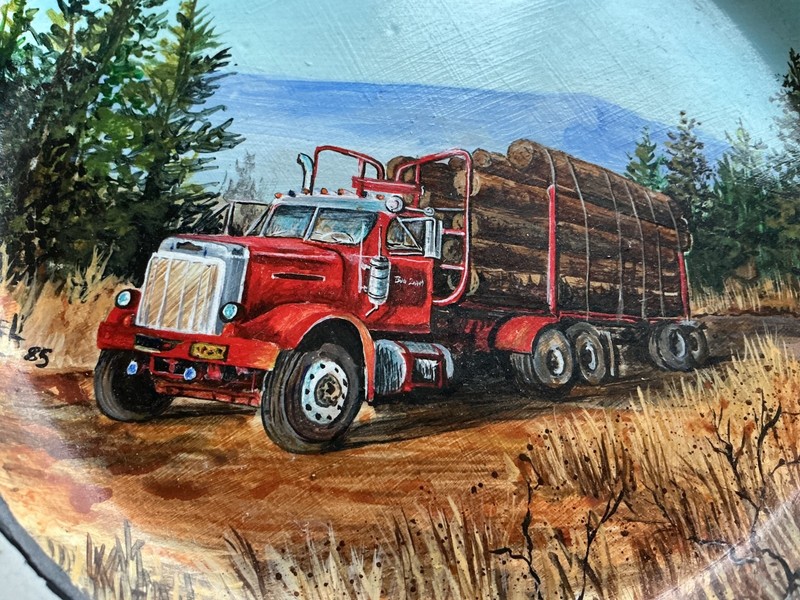 1960 Autocar log truck painting logging Trucking enamel plate 9” hand painted gallery