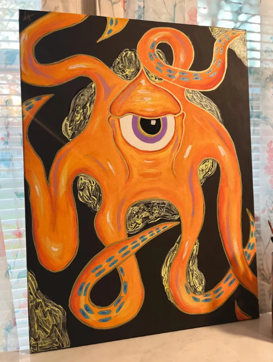 Squid Painting Abstract. Fishing Art. Canvas Wall Decor. Framed Canvas