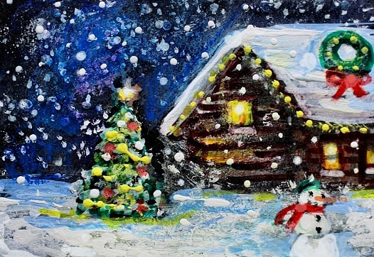 ACEO Original Winter XMAS Cabin Tree PAINTING Snow Snowman Holiday Landscape ART