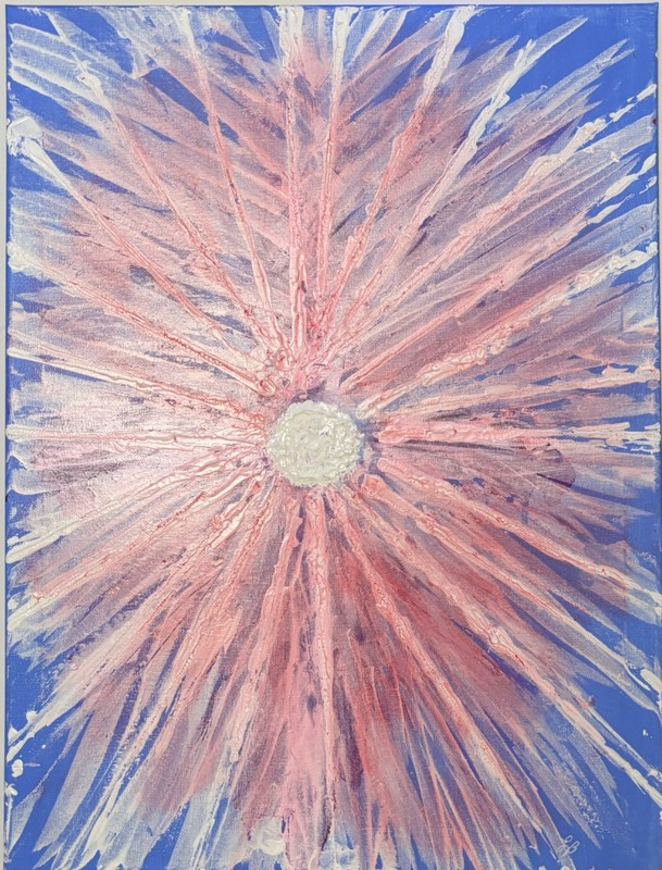 LUE BAKER ORIGINAL 18X24 BLUE PINK STARBURST GOLD CENTER COSMIC RAYS CANVAS ARTC