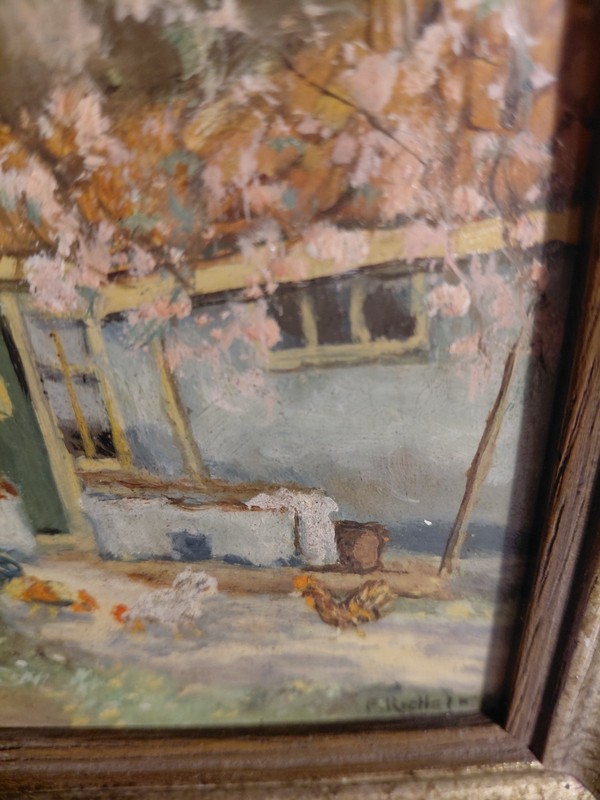 Vintage Petite Oil Painting Cottage Garden with Chickens, Signed F. Reche gallery
