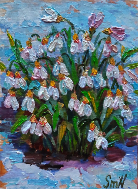 Original 3D Art Snowdrop Flowers Texture Oil Mini Painting Impressionism Floral