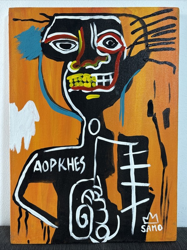 Jean-Michel Basquiat (Handmade) Oil on canvas painting signed & stamped vintage