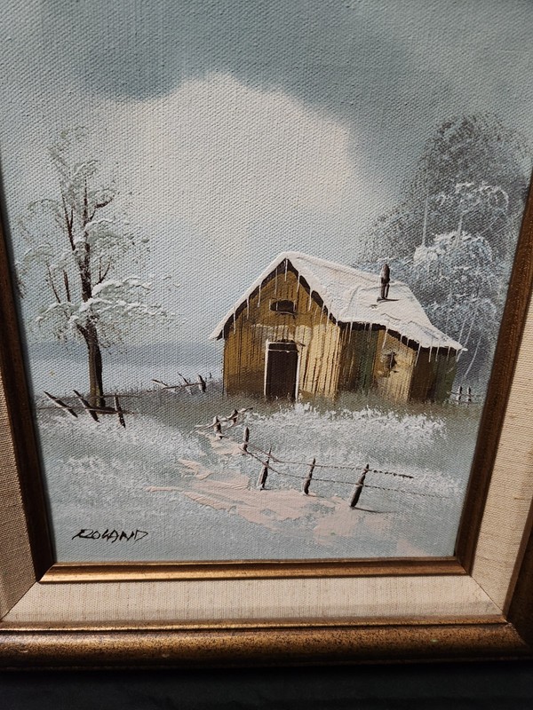 Vintage Cabin In Winter Landscape Painting Signed Roland Wood Frame Blue Accent gallery