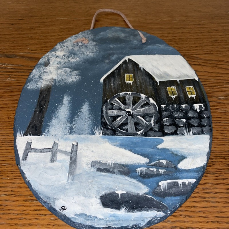 Farmhouse Barn Winter Scene Hanging Hand painted on Vintage Slate 12”x10” SH7