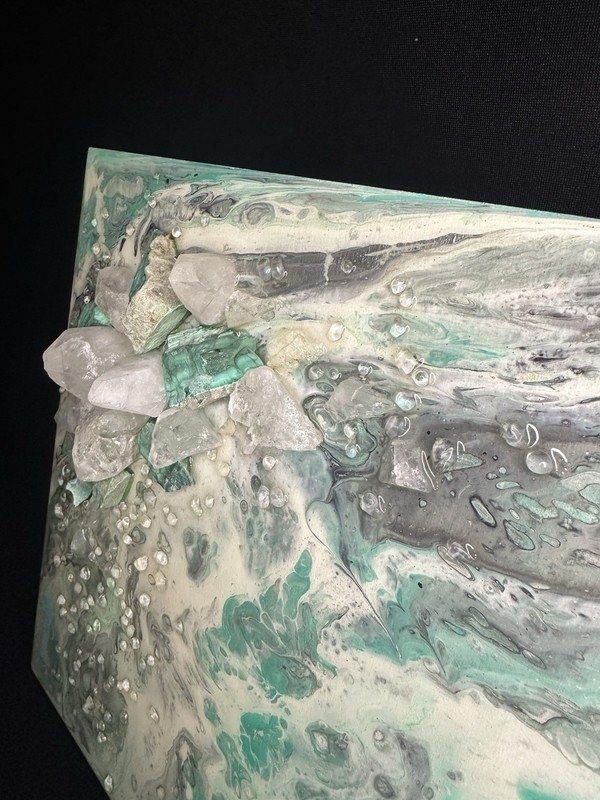 Quartz Crystals and Malachite Clusters Abstract Resin Painting Canvas 12x12 gallery