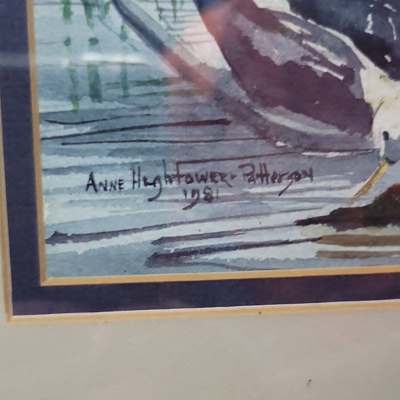 Original Anne Hightower-Patterson 1981 Watercolor Painting Seagulls Marsh Framed gallery
