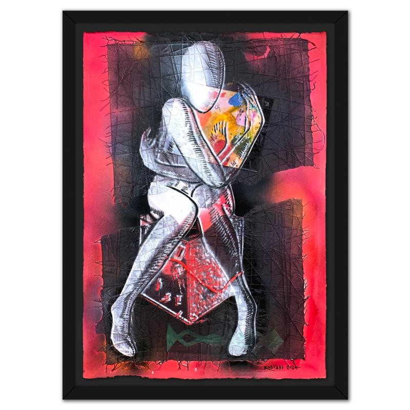 Mark Kostabi «Crimson Introspection» Framed Original Painting Hand Signed Art