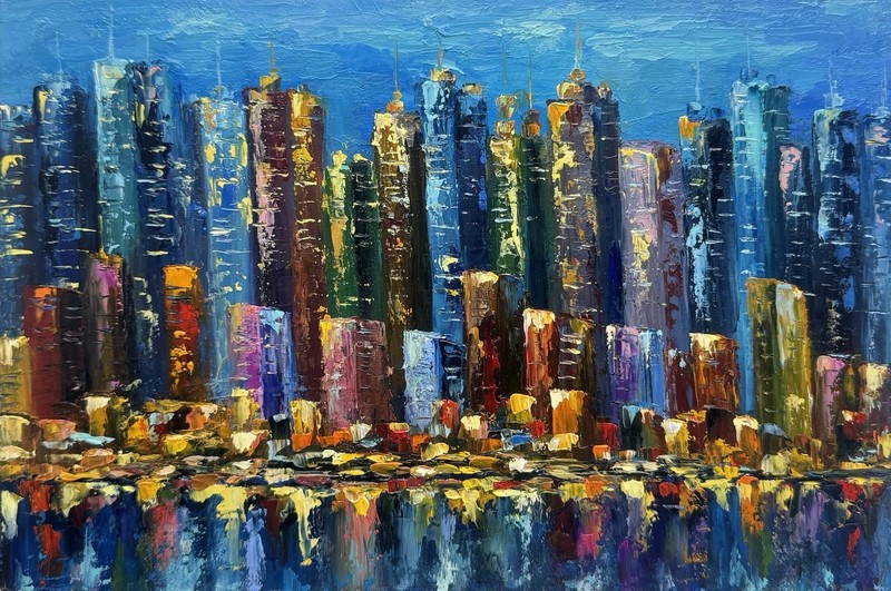 New York Original Art Night Cityscape Painting Skyline Art New York Painting