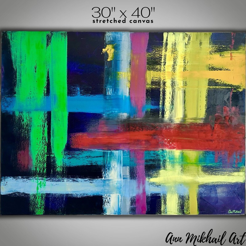 Oil Painting Modern Abstract Neon Color Splash Artwork 30 by 40 Large Canvas AMA