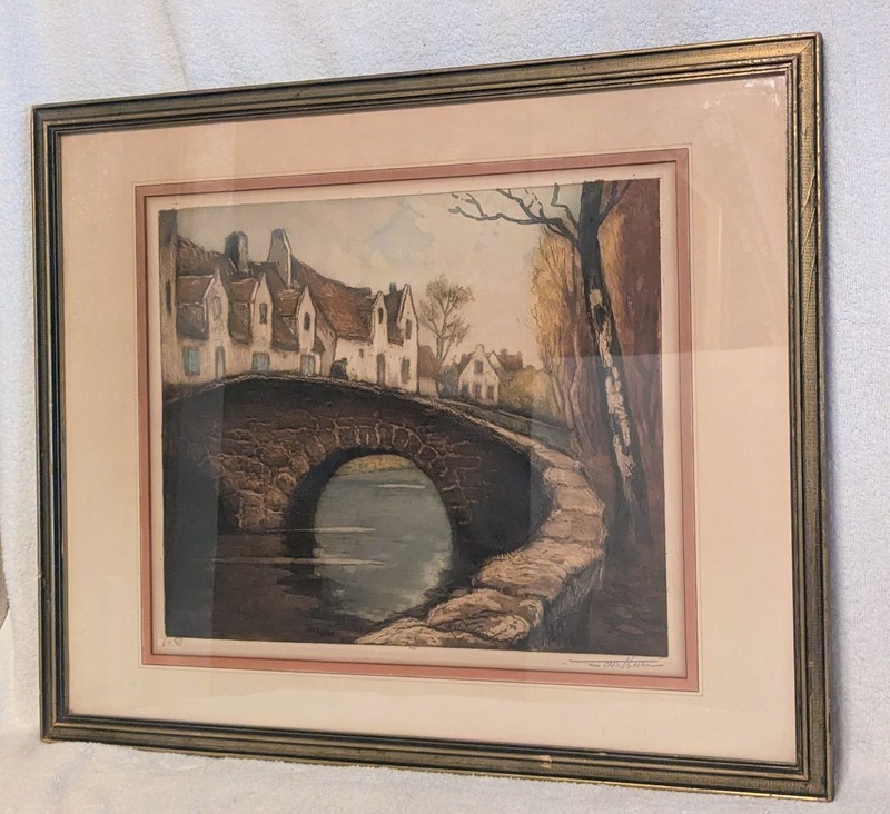 ANTIQUE Listed ARTIST Lucien Dasselborne ETCHING «The Stone Bridge» ART