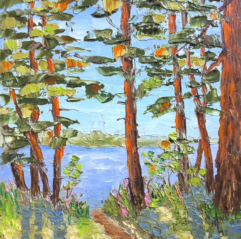 Original Oil Painting Forest Lake Landscape PinesTrees Artwork 8x8in