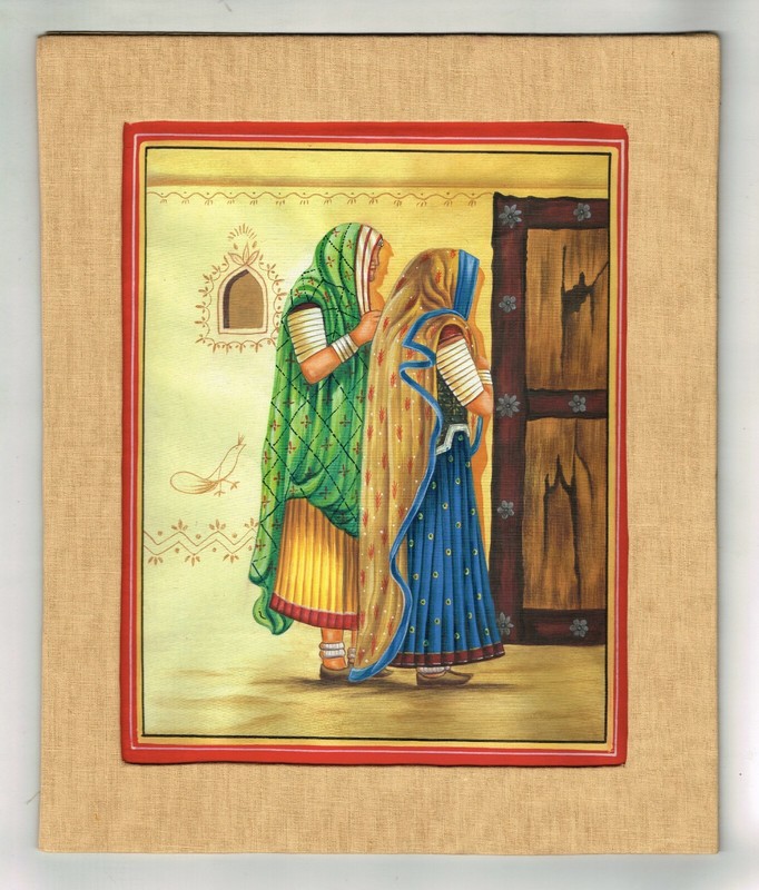 Rajasthani Miniature Painting Of Village Women Fine Art Silk Cloth 10×12 Inches
