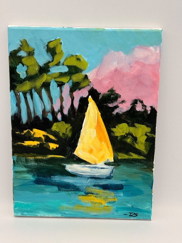 R Stevens Original Yellow Sailboat Landscape 9x12 Modern Impressionist Lake gallery
