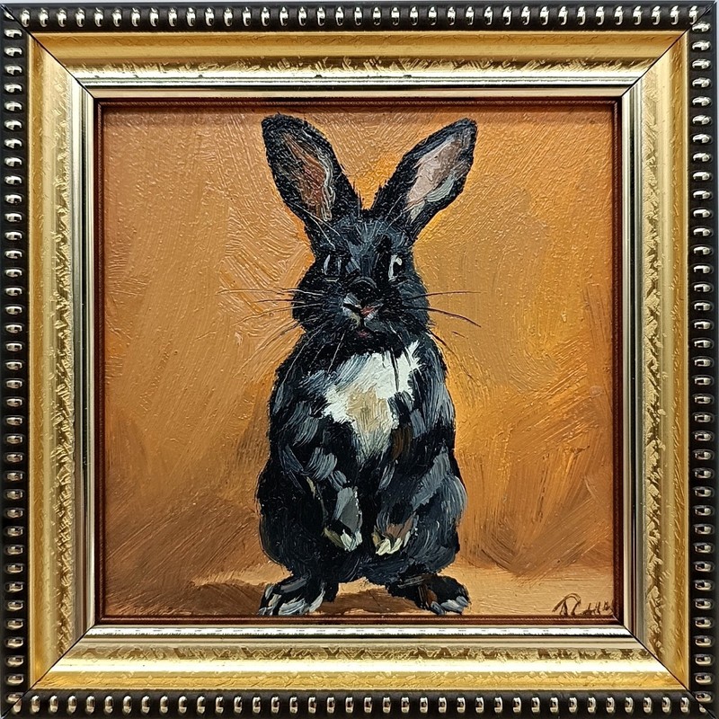 Black Bunny Original Oil Painting 4×4 Framed Signed Cute Rabbit Pet Animal Art