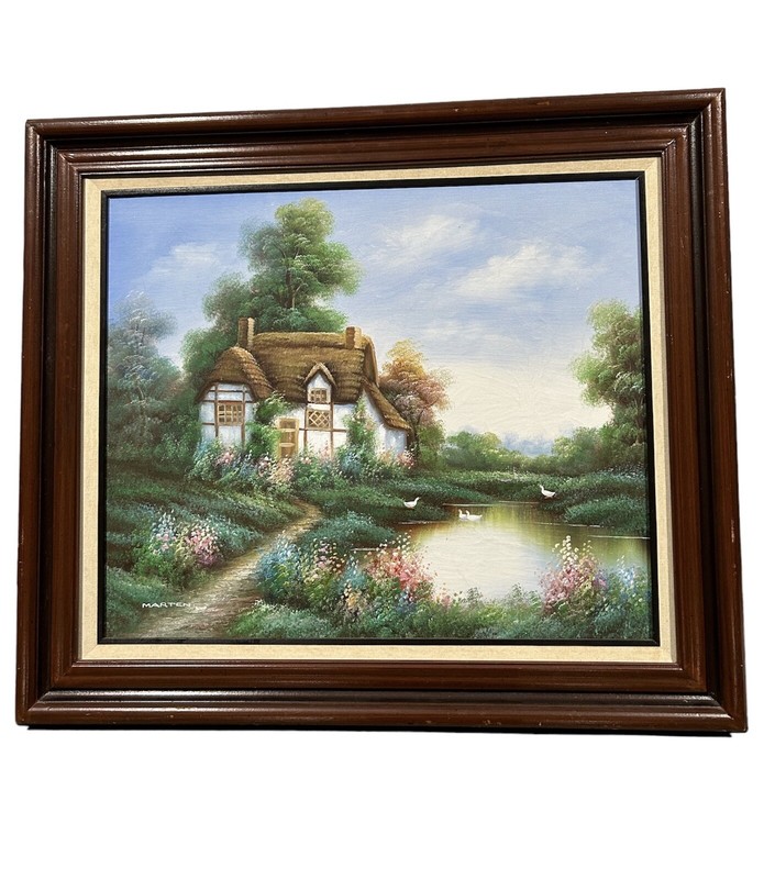 Original Artist MARTEN OIL On Canvas Cottage Garden Country Scene vintage