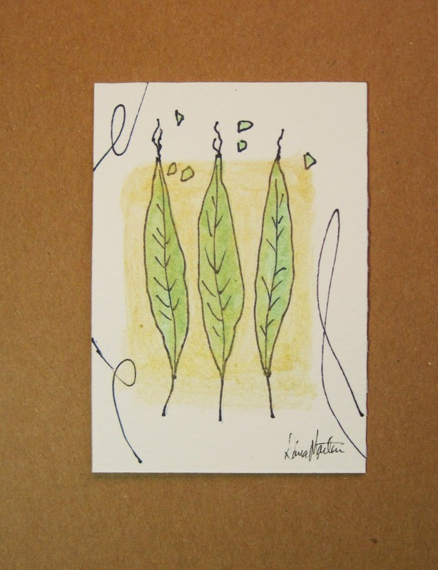 ACEO LITTLE LEAVES SERIES #1 delicate tiny drawing Shimmer Acrylic Ink W/C paper
