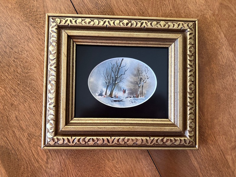 VTG 1980s Small Original Watercolor Landscape Matted in 4×5 Frame; Winter, Trees
