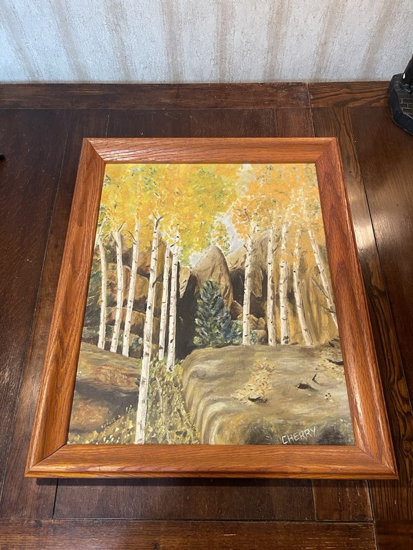 Vtg Big Original Oil on Canvas Birch Tree Cave Landscape Painting Framed 22×18