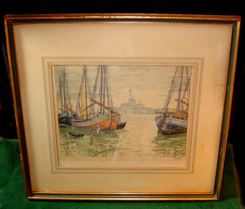 1930’s HANS FIGURA, 139/300 Colour Intaglio Print «Grand Canal Boats, Venice»