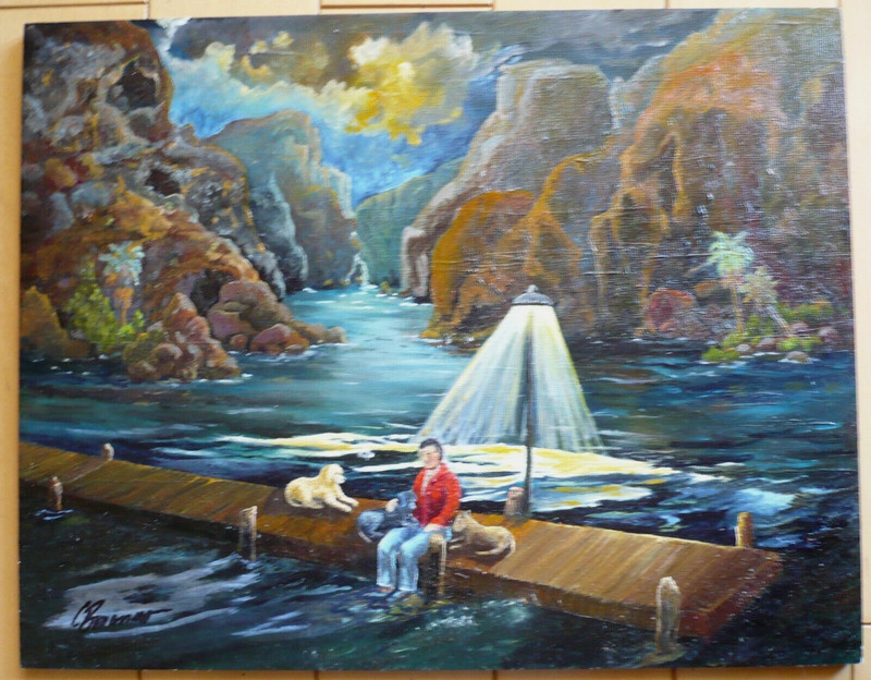 CAROLYN BONANNO, The Pack, FOLK OUTSIDER ART, YOUNG MAN and DOGS, NOCTURNE OIL gallery