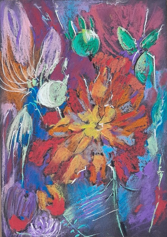 Original Orange Purple Red Flower Expressionism Dry Pastel Painting 8.3×11.4 in